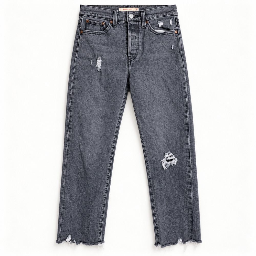 Levi's Premium Wedgie Straight Jeans W25 L26 Gray Distressed Raw Hem High Rise